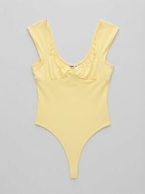 Open Edit Womens Bodysuit Size Medium Yellow Ruched Scoop Neck Thong Chic